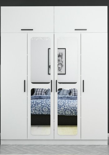 FUNZI LIVING 3094 garderobeskab, spejl, 6 lger, 1 bjlestang, 2 skuffer - hvid melamin