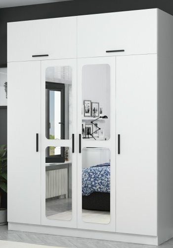 FUNZI LIVING 3939 garderobeskab, spejl, 6 lger, 1 bjlestang, 2 skuffer - hvid melamin