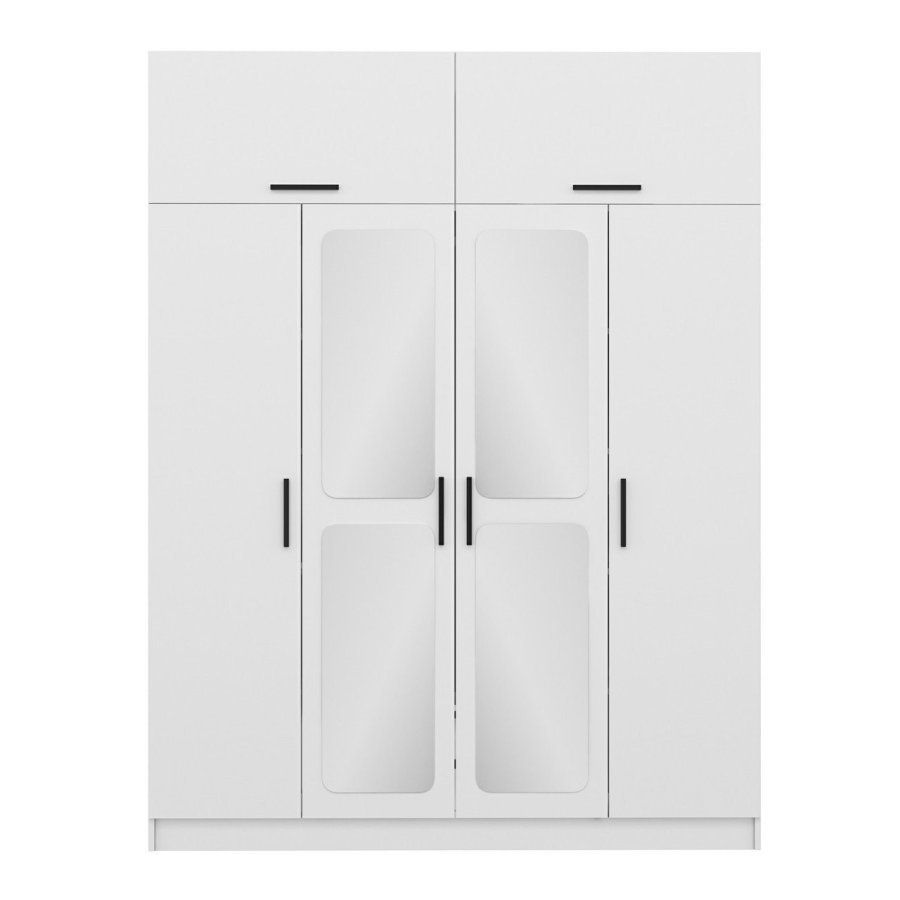 FUNZI LIVING 3939 garderobeskab, spejl, 6 lger, 1 bjlestang, 2 skuffer - hvid melamin