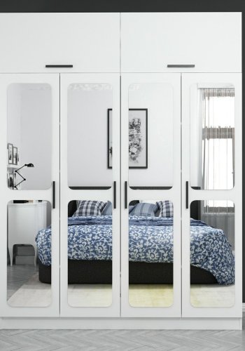 FUNZI LIVING 3095 garderobeskab, spejl, 6 lger, 1 bjlestang, 2 skuffer - hvid melamin