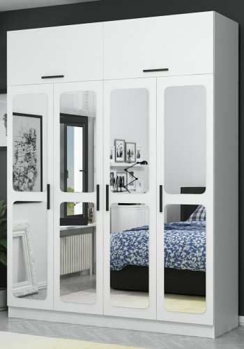 FUNZI LIVING 3940 garderobeskab, spejl, 6 lger, 1 bjlestang, 2 skuffer -hvid melamin