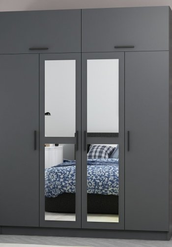 FUNZI LIVING 5183 garderobeskab, spejl, 6 lger, 1 bjlestang, 2 skuffer - antracitgr melamin