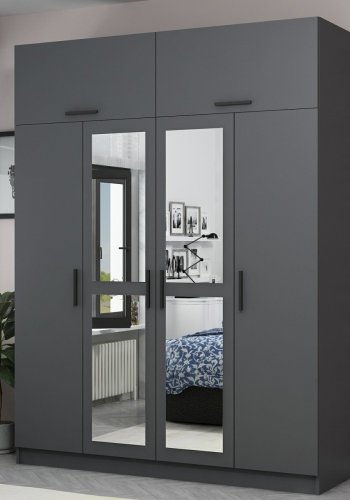 FUNZI LIVING 5183 garderobeskab, spejl, 6 lger, 1 bjlestang, 2 skuffer - antracitgr melamin