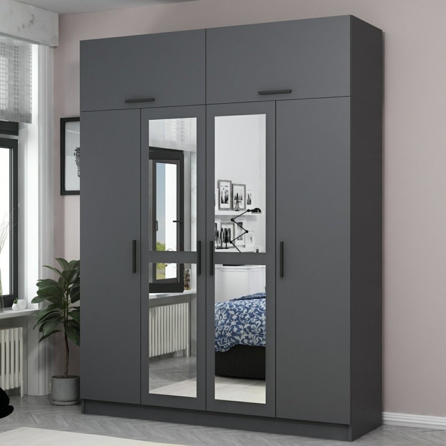 FUNZI LIVING 5183 garderobeskab, spejl, 6 lger, 1 bjlestang, 2 skuffer - antracitgr melamin