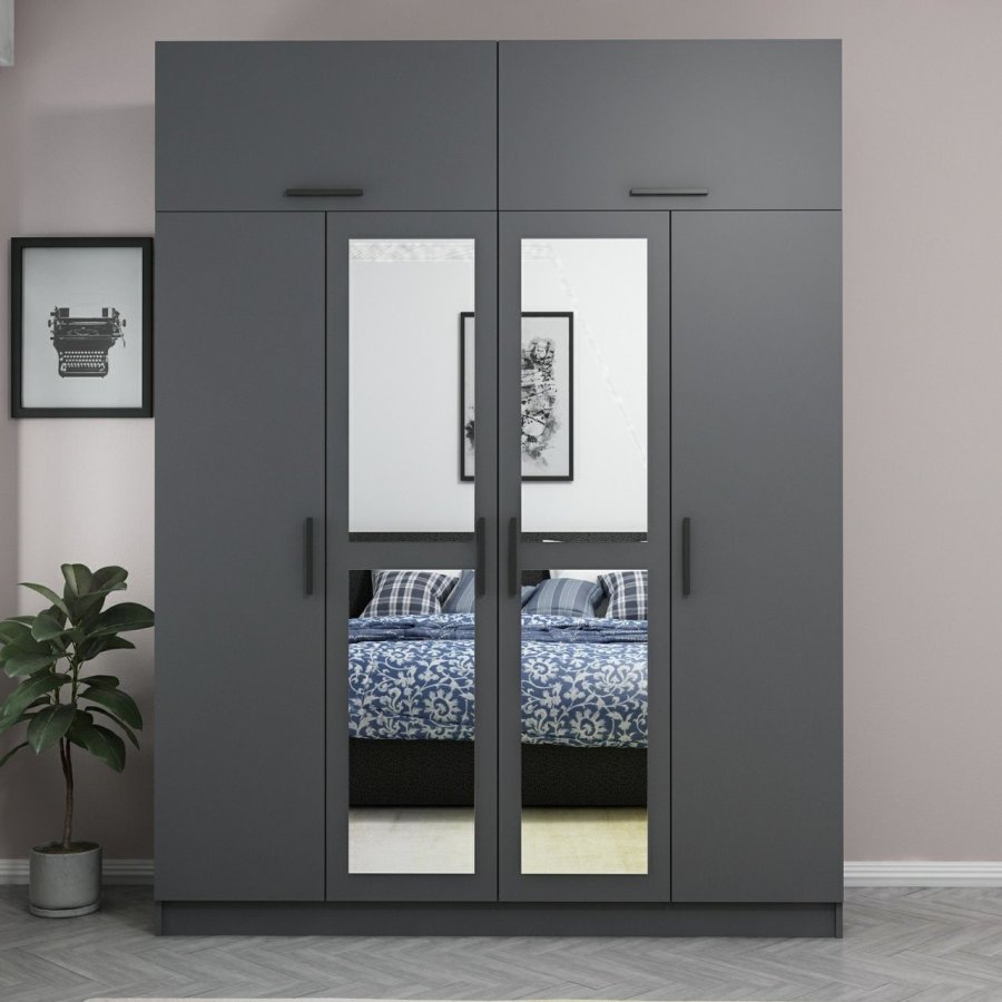 FUNZI LIVING 5274 garderobeskab, spejl, 6 lger, 1 bjlestang, 2 skuffer - antracitgr melamin