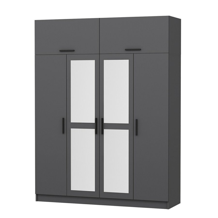 FUNZI LIVING 5274 garderobeskab, spejl, 6 lger, 1 bjlestang, 2 skuffer - antracitgr melamin