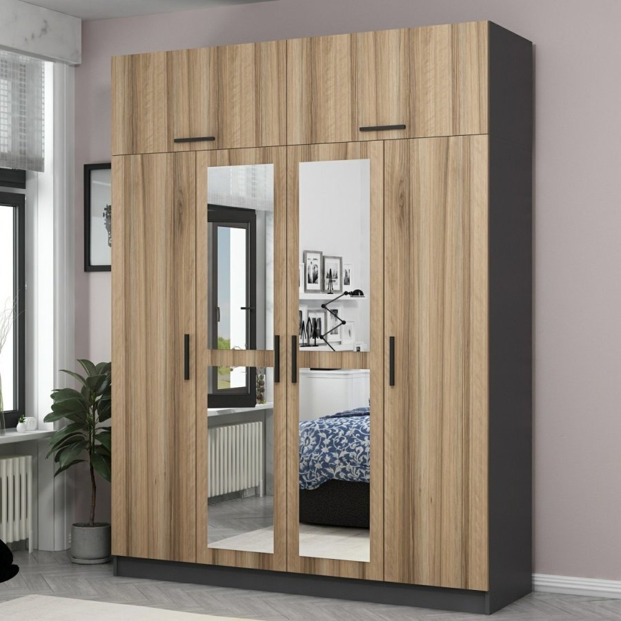 FUNZI LIVING 5210 garderobeskab, spejl, 6 lger, 1 bjlestang, 2 skuffer - natur/antracit melamin