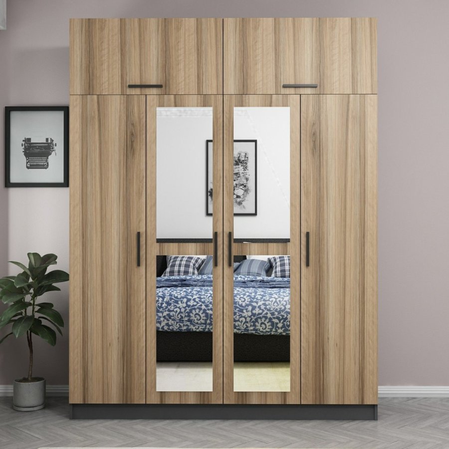 FUNZI LIVING 5210 garderobeskab, spejl, 6 lger, 1 bjlestang, 2 skuffer - natur/antracit melamin