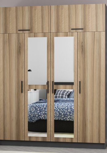 FUNZI LIVING 5210 garderobeskab, spejl, 6 lger, 1 bjlestang, 2 skuffer - natur/antracit melamin