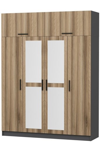 FUNZI LIVING 5210 garderobeskab, spejl, 6 lger, 1 bjlestang, 2 skuffer - natur/antracit melamin