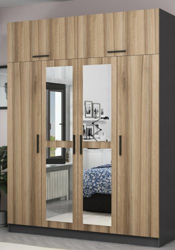 FUNZI LIVING 5301 garderobeskab, spejl, 6 lger, 1 bjlestang, 2 skuffer - natur/antracit melamin