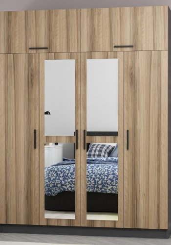 FUNZI LIVING 5301 garderobeskab, spejl, 6 lger, 1 bjlestang, 2 skuffer - natur/antracit melamin