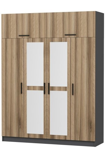 FUNZI LIVING 5301 garderobeskab, spejl, 6 lger, 1 bjlestang, 2 skuffer - natur/antracit melamin