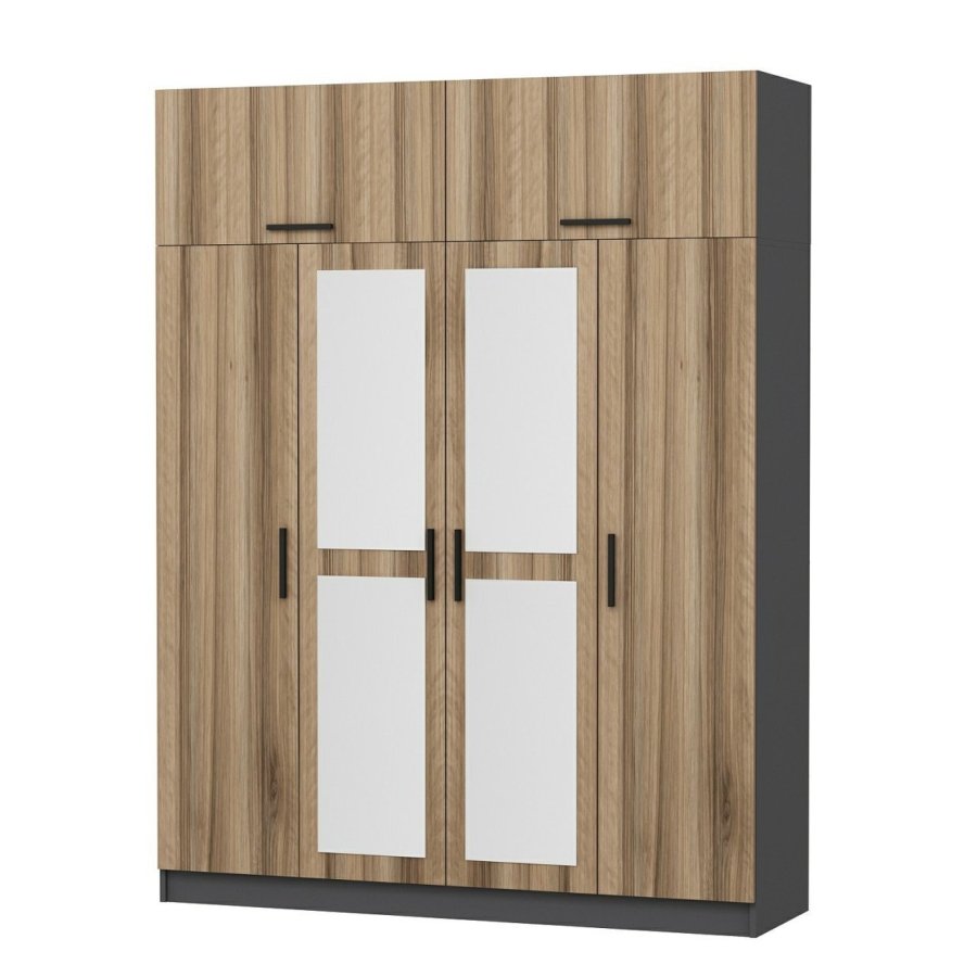 FUNZI LIVING 5301 garderobeskab, spejl, 6 lger, 1 bjlestang, 2 skuffer - natur/antracit melamin