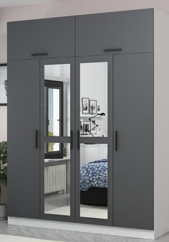 FUNZI LIVING 5156 garderobeskab, spejl, 6 lger, 1 bjlestang, 2 skuffer - antracit/hvid melamin