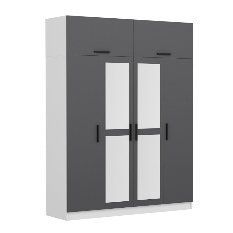 FUNZI LIVING 5156 garderobeskab, spejl, 6 lger, 1 bjlestang, 2 skuffer - antracit/hvid melamin