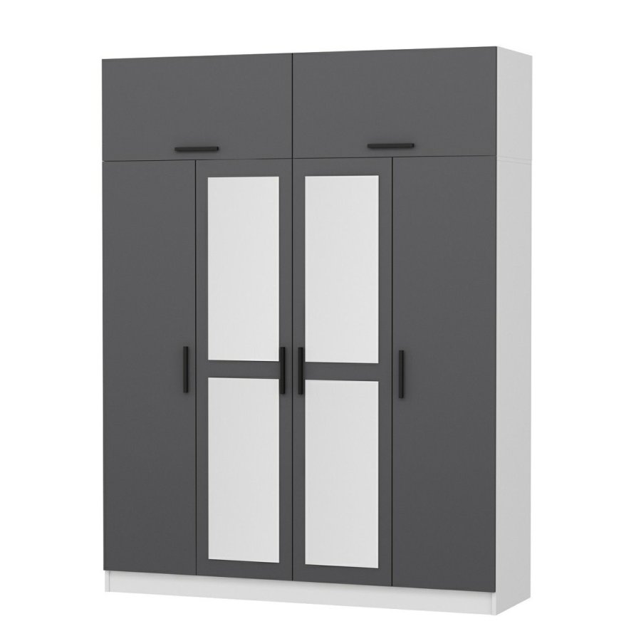 FUNZI LIVING 5156 garderobeskab, spejl, 6 lger, 1 bjlestang, 2 skuffer - antracit/hvid melamin