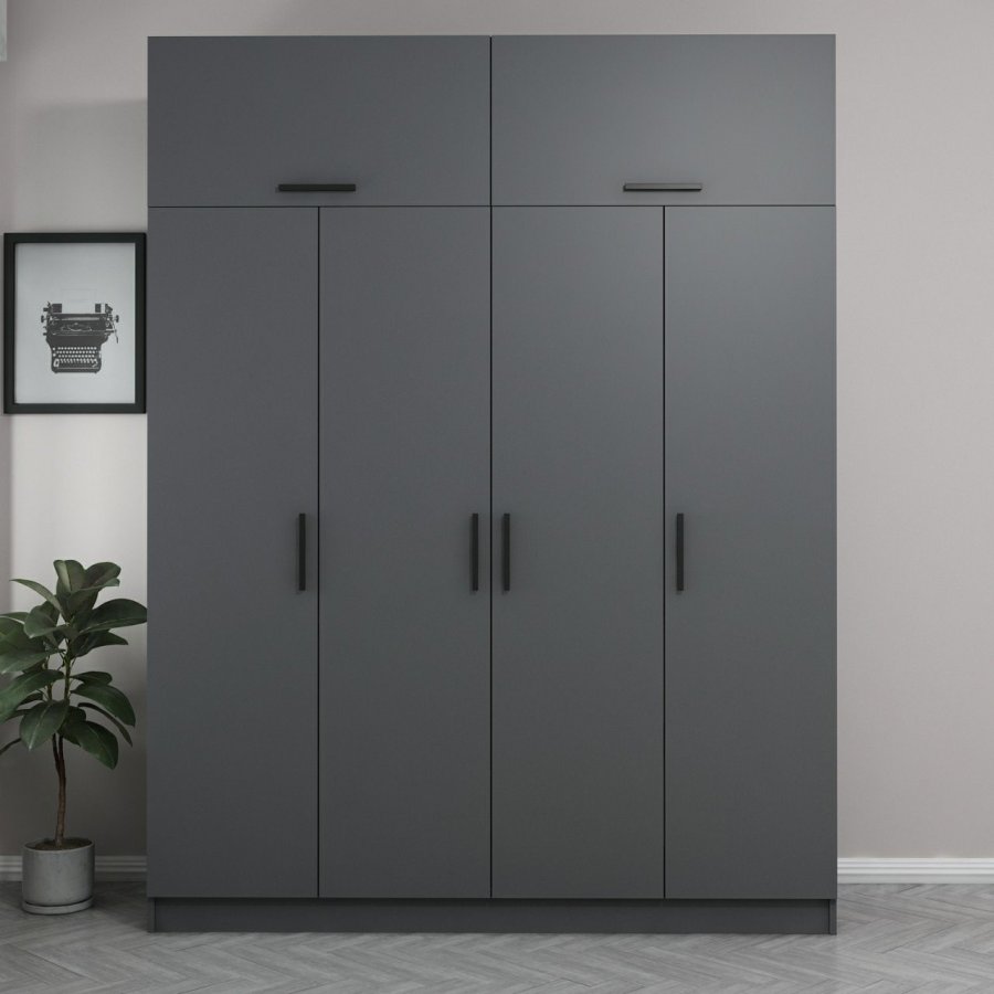 FUNZI LIVING 5264 garderobeskab, 6 lger, 1 bjlestang, 2 skuffer - antracitgr melamin