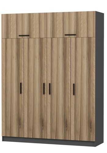 FUNZI LIVING 5291 garderobeskab, spejl, 6 lger, 1 bjlestang, 2 skuffer - natur/antracit melamin