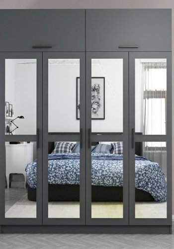 FUNZI LIVING 5184 garderobeskab, spejl, 6 lger, 1 bjlestang, 2 skuffer - antracit melamin