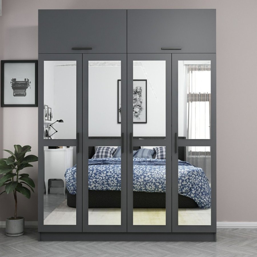 FUNZI LIVING 5184 garderobeskab, spejl, 6 lger, 1 bjlestang, 2 skuffer - antracit melamin