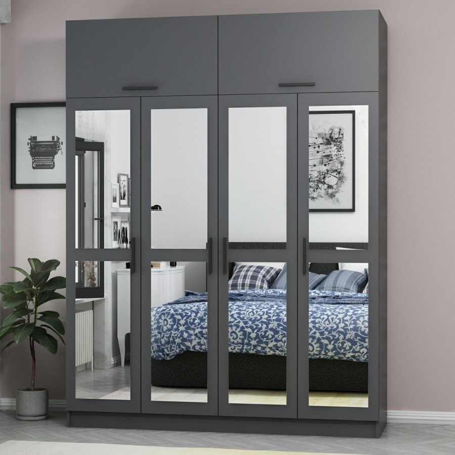 FUNZI LIVING 5184 garderobeskab, spejl, 6 lger, 1 bjlestang, 2 skuffer - antracit melamin