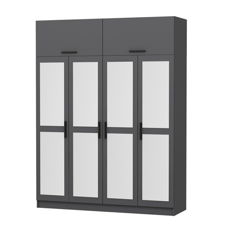 FUNZI LIVING 5184 garderobeskab, spejl, 6 lger, 1 bjlestang, 2 skuffer - antracit melamin