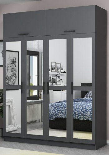 FUNZI LIVING 5275 garderobeskab, spejl, 6 lger, 1 bjlestang, 2 skuffer - antracit melamin