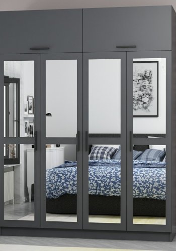 FUNZI LIVING 5275 garderobeskab, spejl, 6 lger, 1 bjlestang, 2 skuffer - antracit melamin