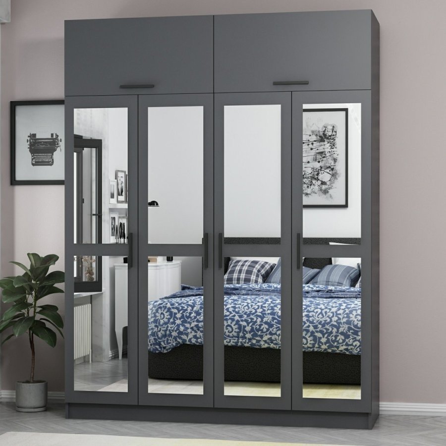 FUNZI LIVING 5275 garderobeskab, spejl, 6 lger, 1 bjlestang, 2 skuffer - antracit melamin