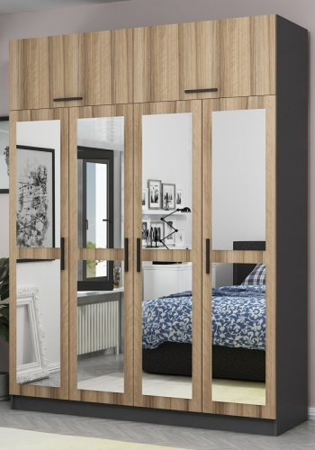 FUNZI LIVING 5211 garderobeskab, spejl, 6 lger, 1 bjlestang, 2 skuffer - natur/antracit melamin