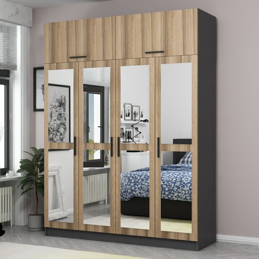 FUNZI LIVING 5211 garderobeskab, spejl, 6 lger, 1 bjlestang, 2 skuffer - natur/antracit melamin