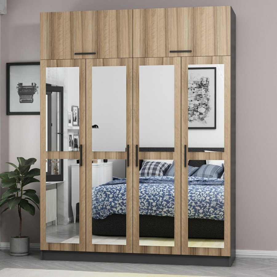 FUNZI LIVING 5211 garderobeskab, spejl, 6 lger, 1 bjlestang, 2 skuffer - natur/antracit melamin