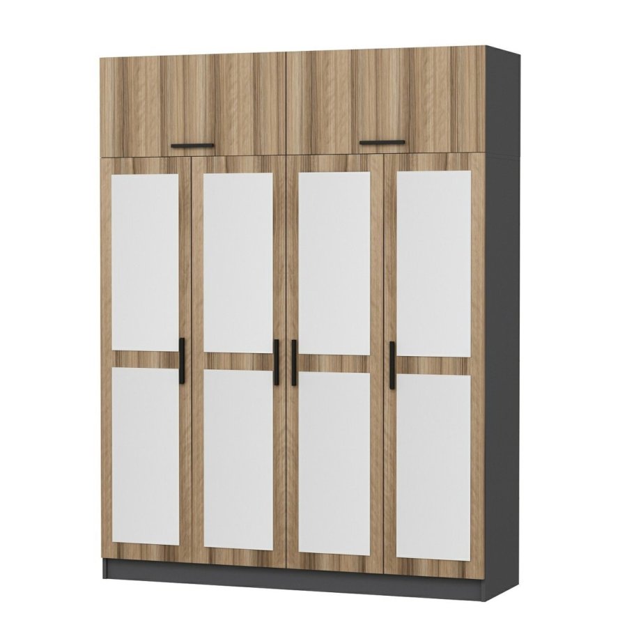 FUNZI LIVING 5211 garderobeskab, spejl, 6 lger, 1 bjlestang, 2 skuffer - natur/antracit melamin