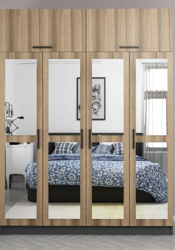 FUNZI LIVING 5302 garderobeskab, spejl, 6 lger, 1 bjlestang, 2 skuffer - natur/antracit melamin