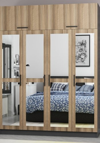 FUNZI LIVING 5302 garderobeskab, spejl, 6 lger, 1 bjlestang, 2 skuffer - natur/antracit melamin