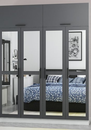 FUNZI LIVING 5157 garderobeskab, spejl, 6 lger, 1 bjlestang, 2 skuffer - antracit/hvid melamin