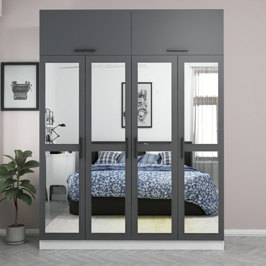 FUNZI LIVING 5157 garderobeskab, spejl, 6 lger, 1 bjlestang, 2 skuffer - antracit/hvid melamin