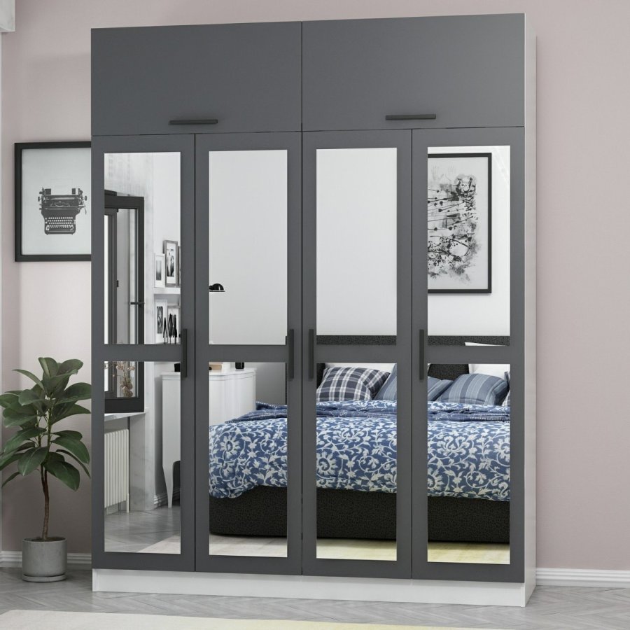 FUNZI LIVING 5248 garderobeskab, spejl, 6 lger, 1 bjlestang, 2 skuffer - antracit/hvid melamin