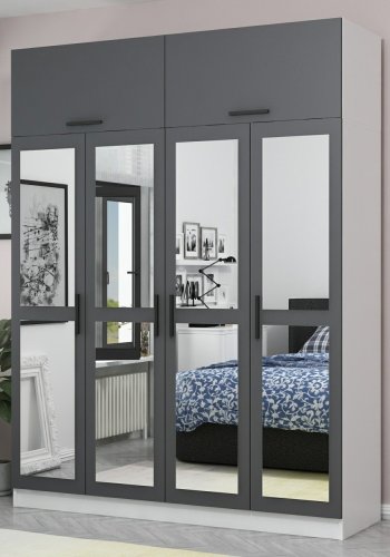 FUNZI LIVING 5248 garderobeskab, spejl, 6 lger, 1 bjlestang, 2 skuffer - antracit/hvid melamin