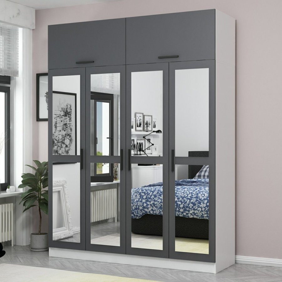 FUNZI LIVING 5248 garderobeskab, spejl, 6 lger, 1 bjlestang, 2 skuffer - antracit/hvid melamin