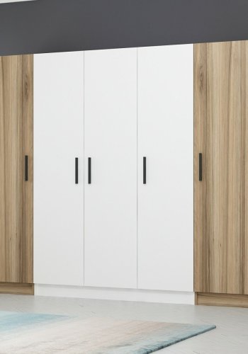 FUNZI LIVING 3076 garderobeskab, 5 lger, 3 bjlestnger, 2 skuffer - natur/hvid melamin