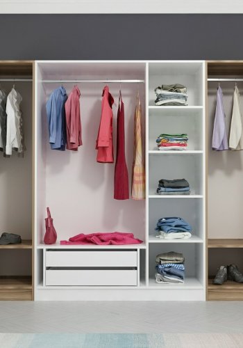 FUNZI LIVING 3076 garderobeskab, 5 lger, 3 bjlestnger, 2 skuffer - natur/hvid melamin