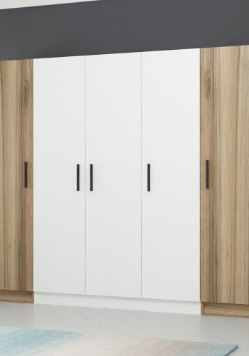 FUNZI LIVING 3076 garderobeskab, 5 lger, 3 bjlestnger, 2 skuffer - natur/hvid melamin