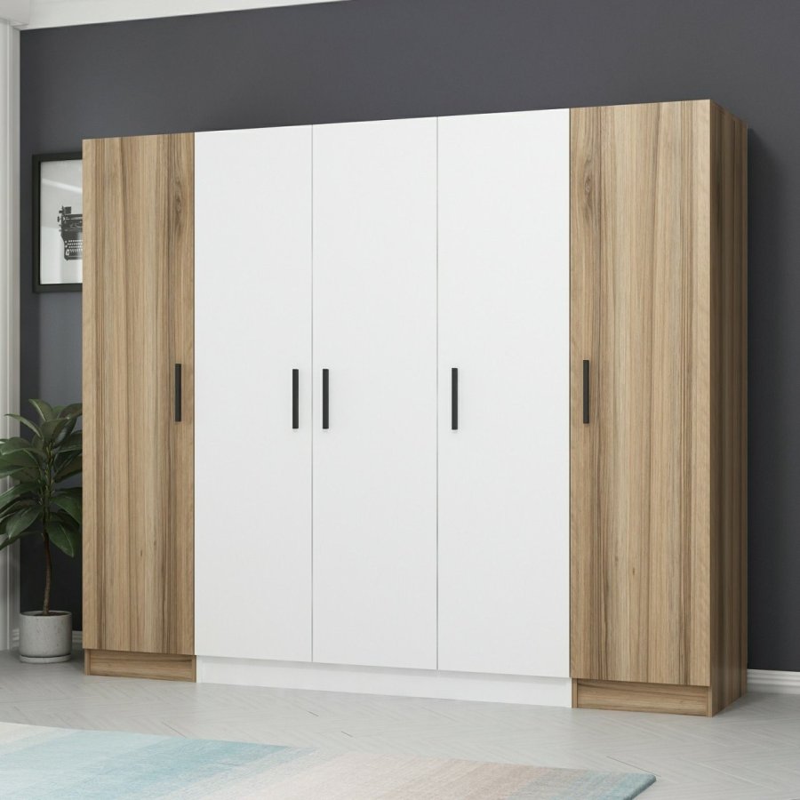 FUNZI LIVING 3076 garderobeskab, 5 lger, 3 bjlestnger, 2 skuffer - natur/hvid melamin