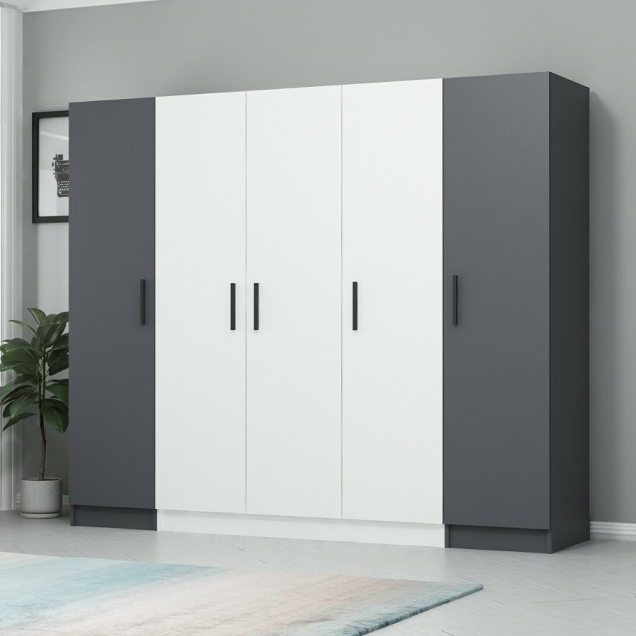 FUNZI LIVING 3079 garderobeskab, 5 lger, 3 bjlestnger, 2 skuffer - antracit/hvid melamin