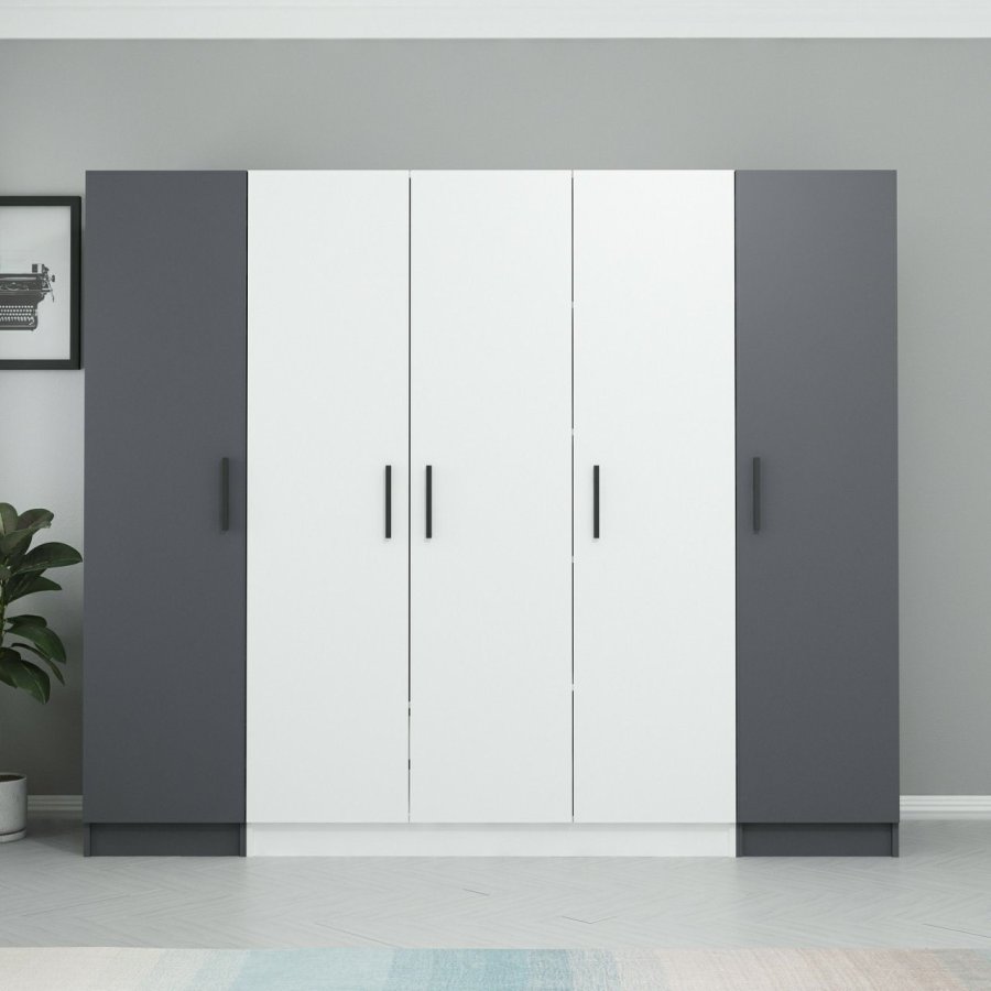 FUNZI LIVING 3079 garderobeskab, 5 lger, 3 bjlestnger, 2 skuffer - antracit/hvid melamin