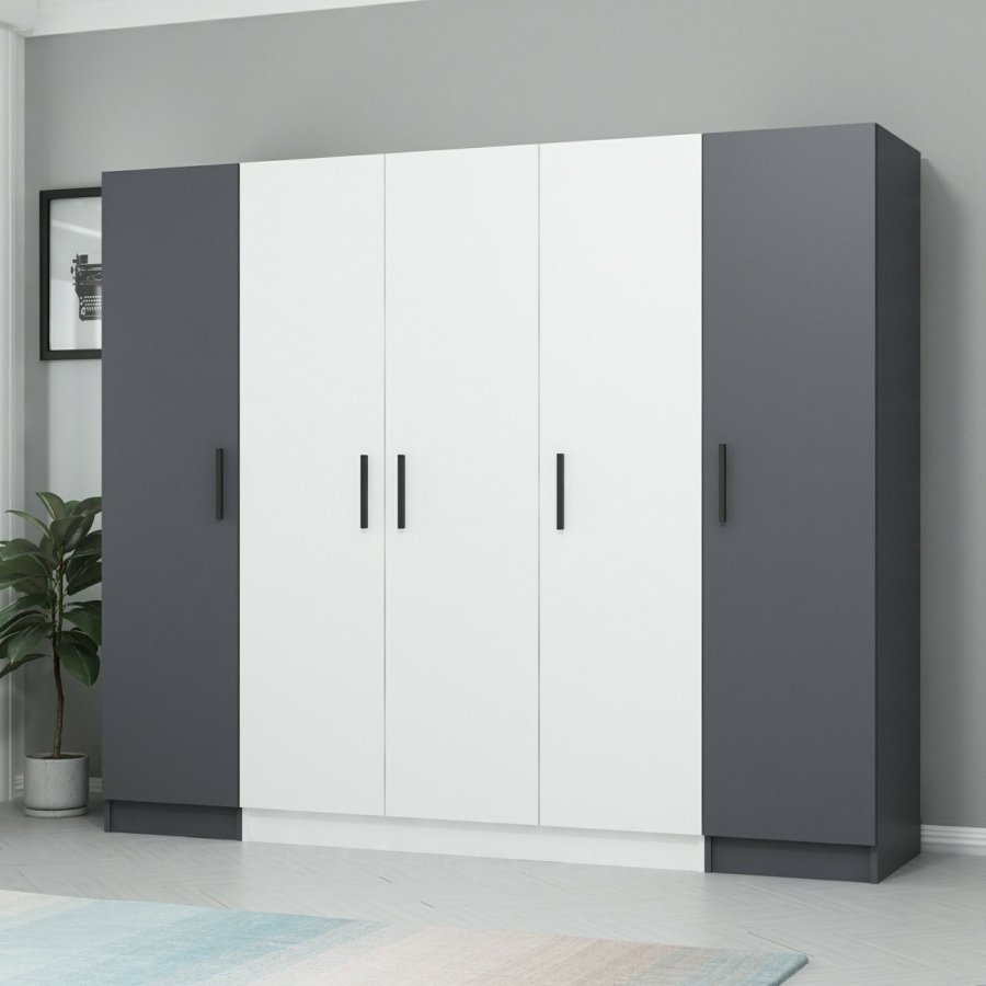 FUNZI LIVING 3079 garderobeskab, 5 lger, 3 bjlestnger, 2 skuffer - antracit/hvid melamin