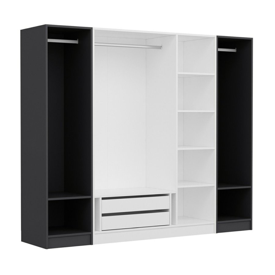 FUNZI LIVING 3079 garderobeskab, 5 lger, 3 bjlestnger, 2 skuffer - antracit/hvid melamin