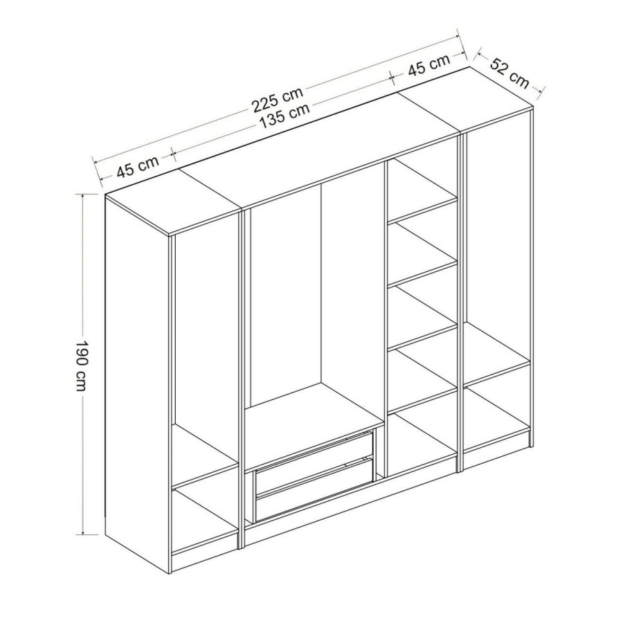 FUNZI LIVING 3079 garderobeskab, 5 lger, 3 bjlestnger, 2 skuffer - antracit/hvid melamin